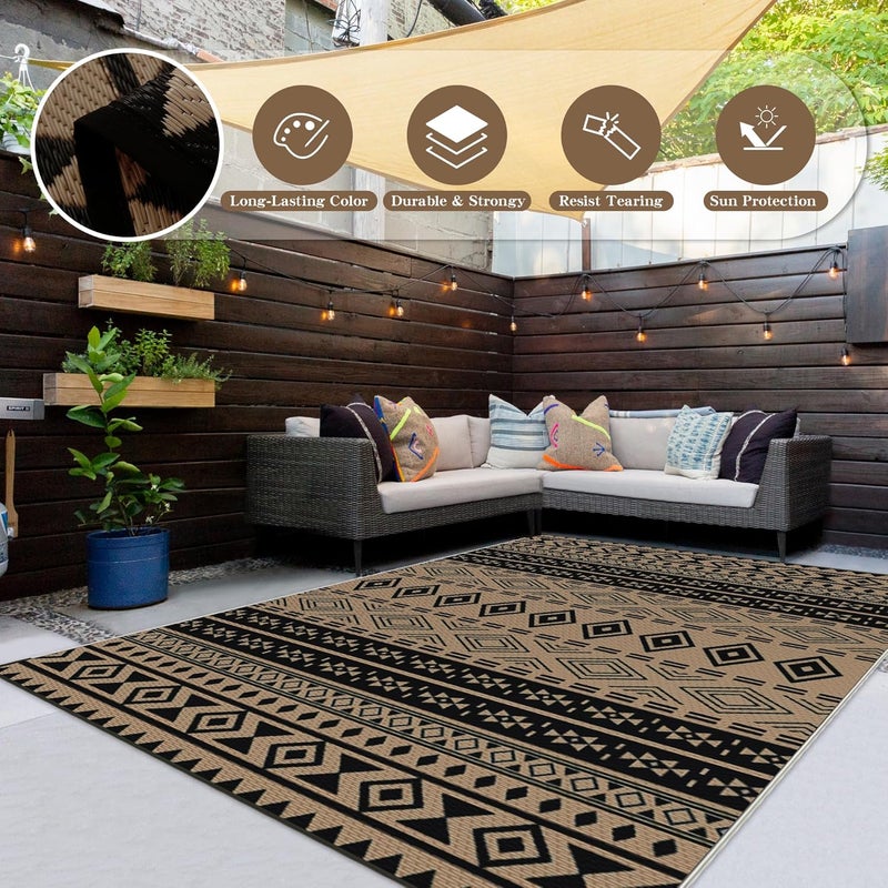 Wallona Outdoor Rugs 5x8 ft Patio Waterproof Clearance Indoor Outdoor Carpet for Patio Plastic Straw Reversible Area Rugs Mat for RV, Camping, Balcony, Beach, Picnic, Porch, Boho Black & Brown - Image 5